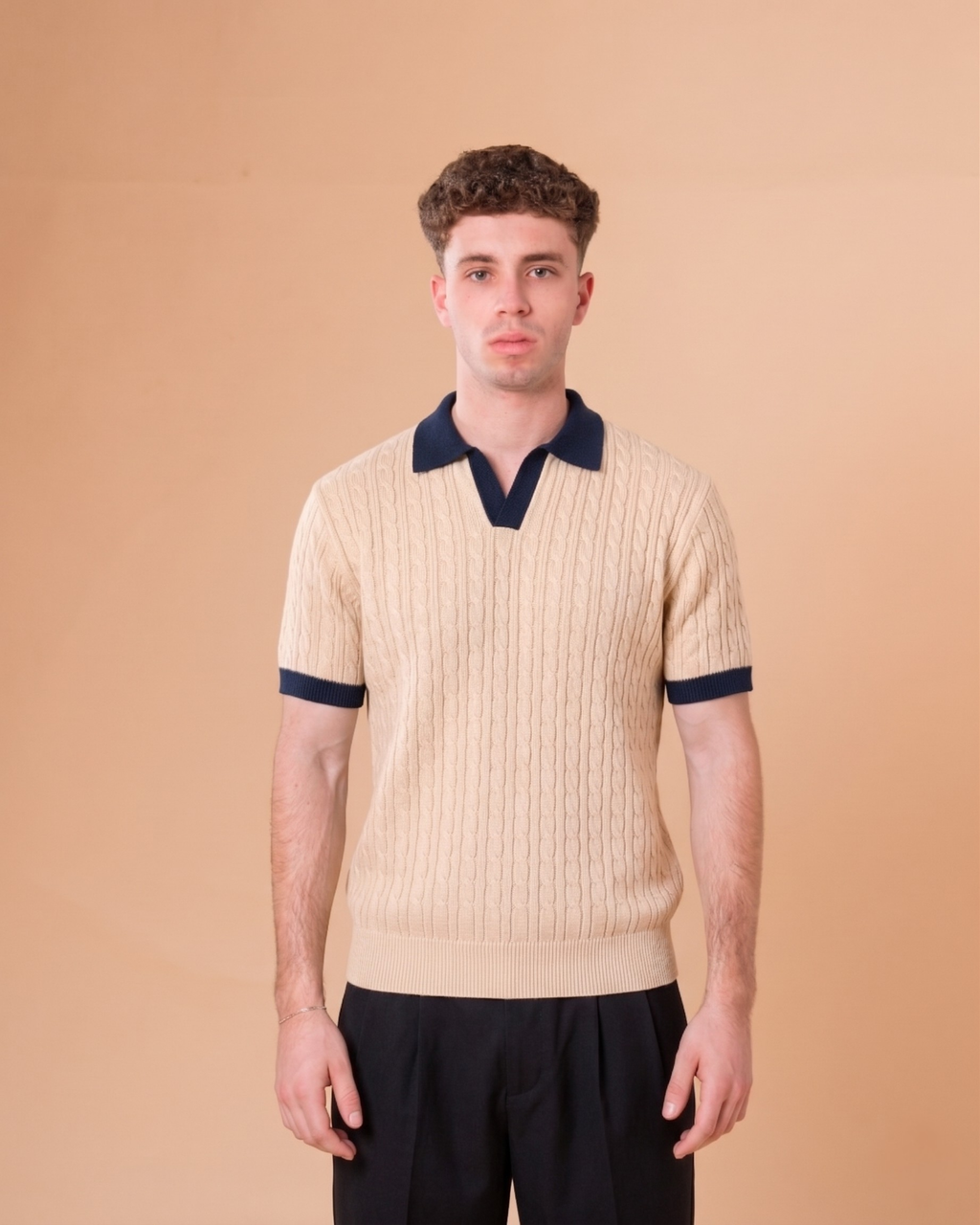BEIGE CABLE KNITTED POLO