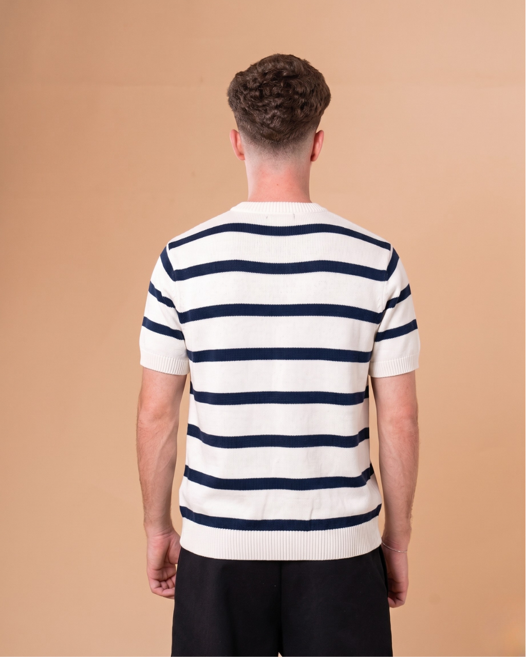 WHITE NAVY-STRIPED KNITTED T-SHIRT