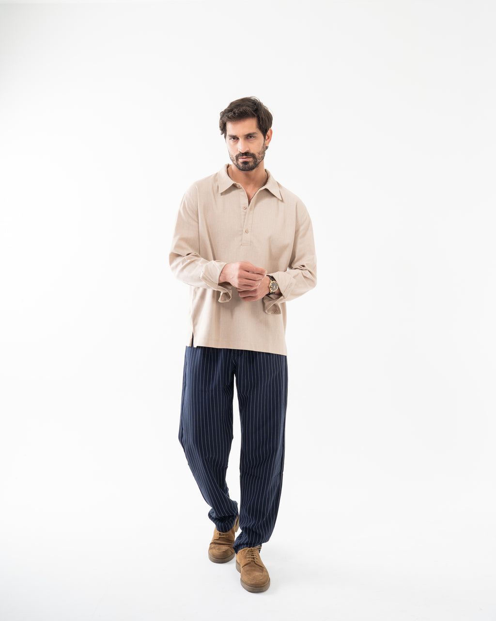 NAVY WIDE PINSTRIPED PANTS