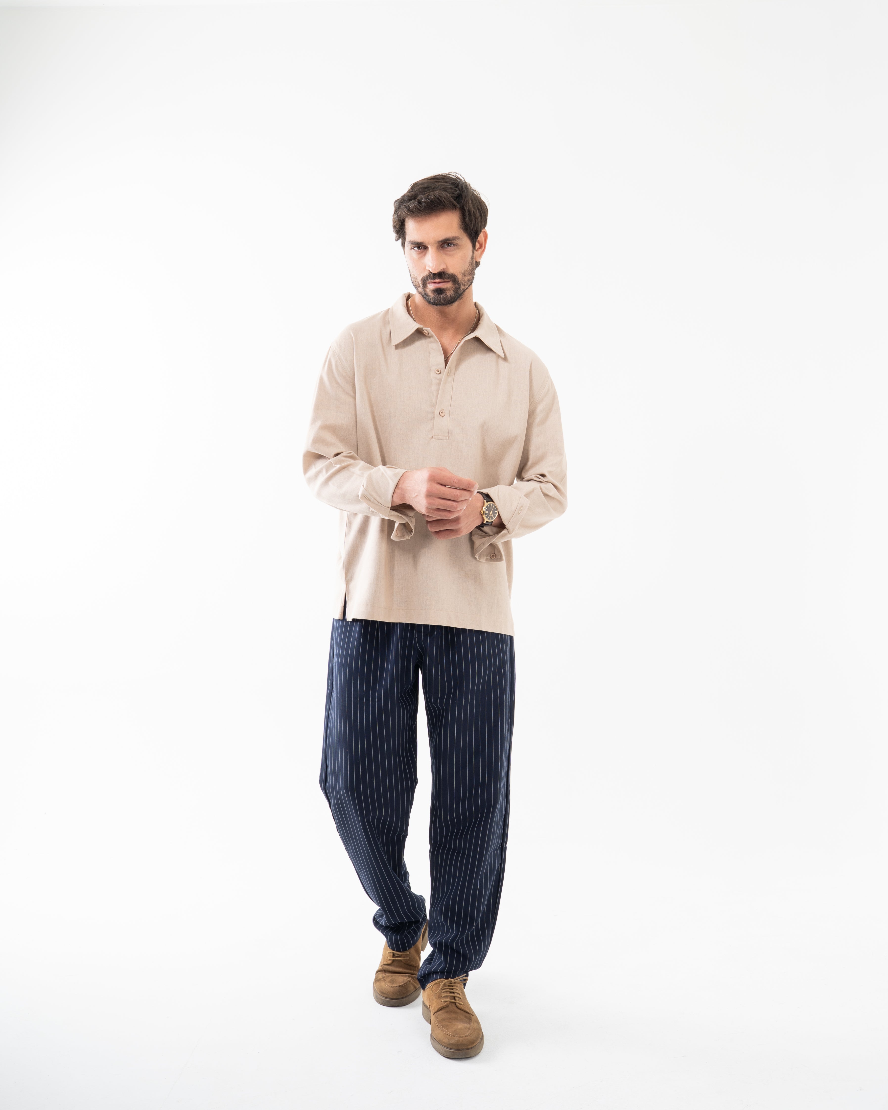 NAVY WIDE PINSTRIPED PANTS