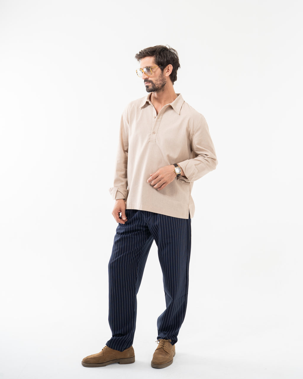 NAVY WIDE PINSTRIPED PANTS