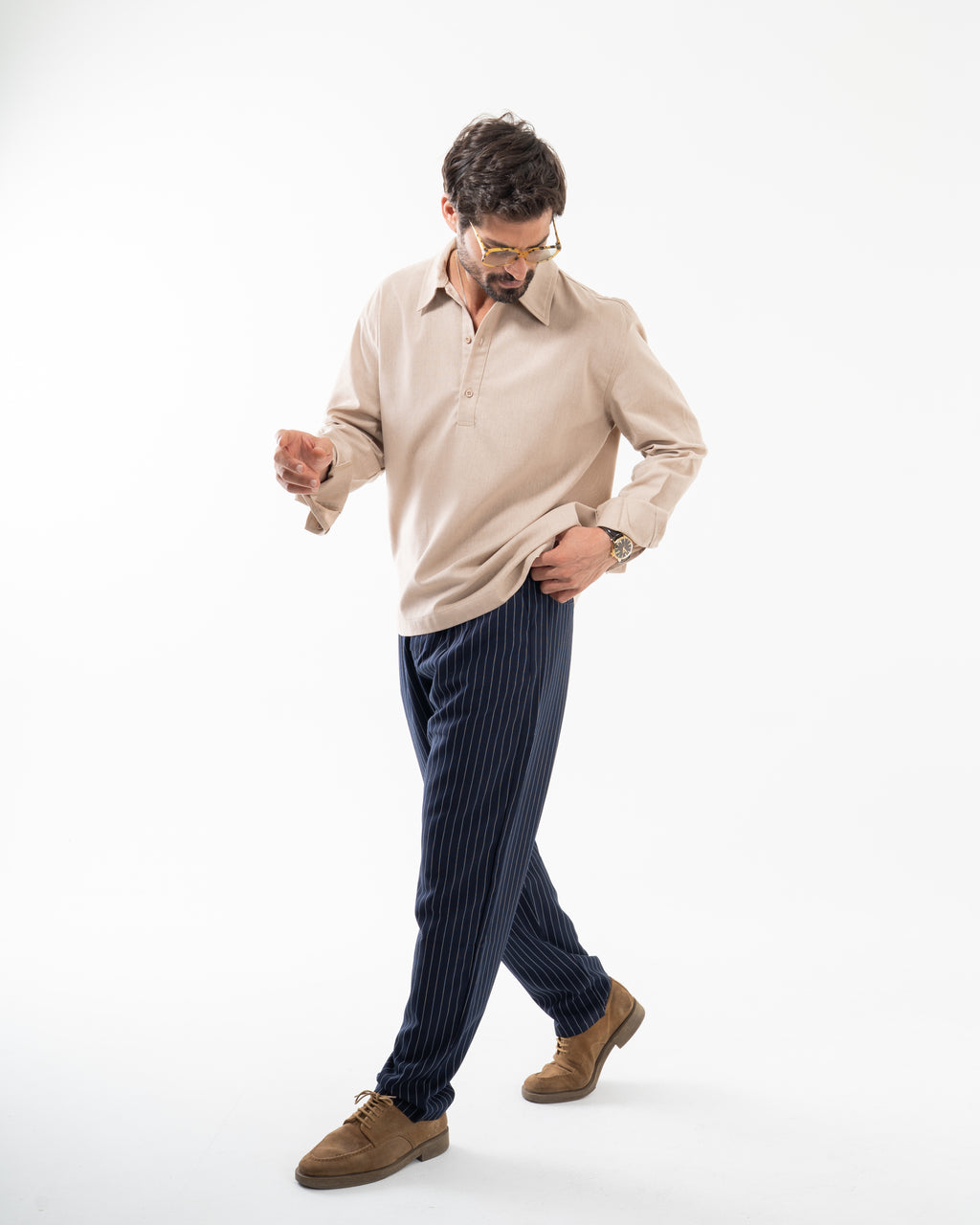 NAVY WIDE PINSTRIPED PANTS