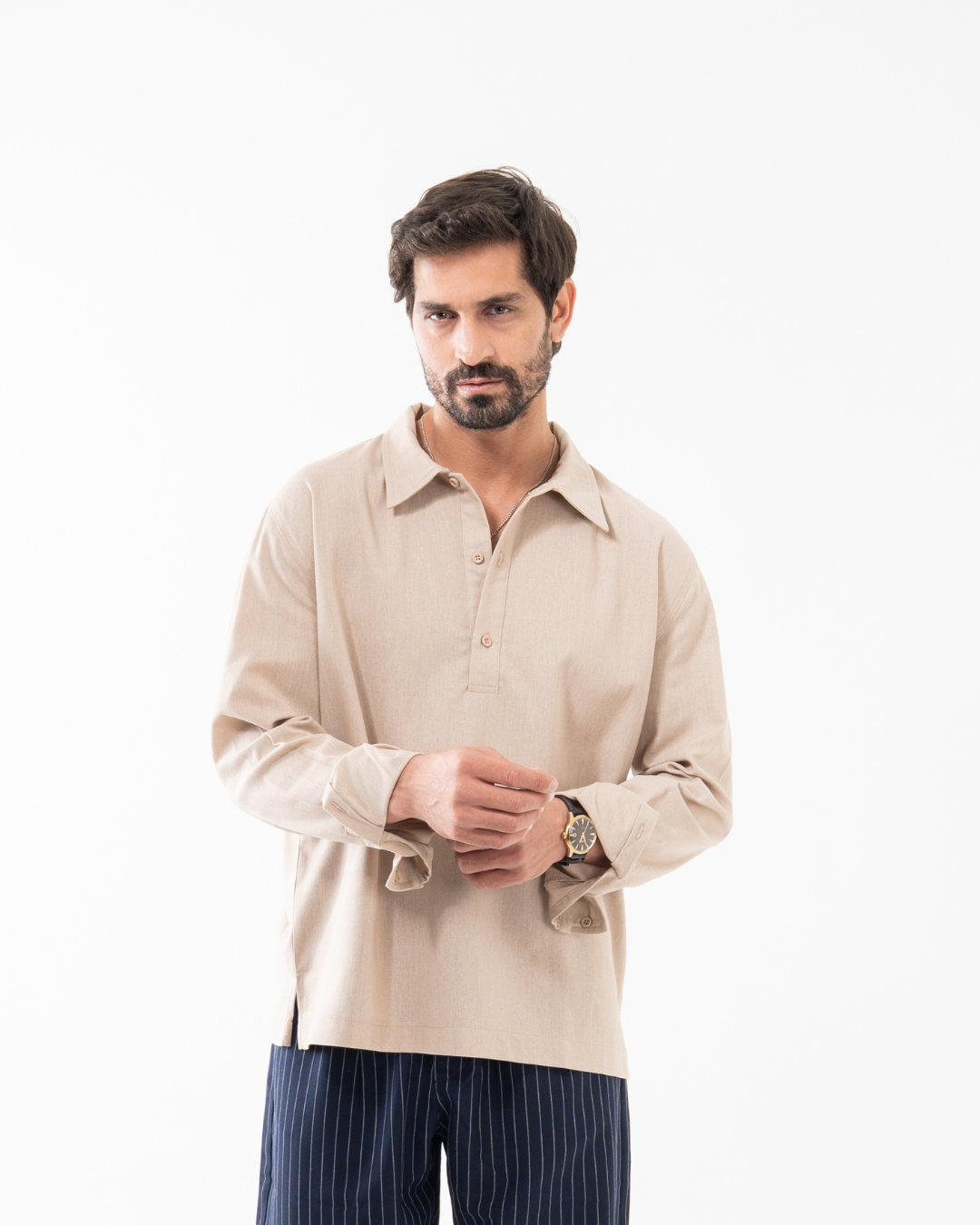 BEIGE LINEN POLO SHIRT